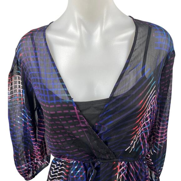 DKNY Blue Multicolor Striped Long Balloon Sleeve Sheer Peplum Wrap Blouse Top S - Picture 3 of 4